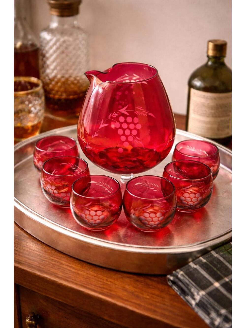Vintage MCM Ruby Etched Glass Pitcher & 6 Roly Poly (Lowball) Glasses Set